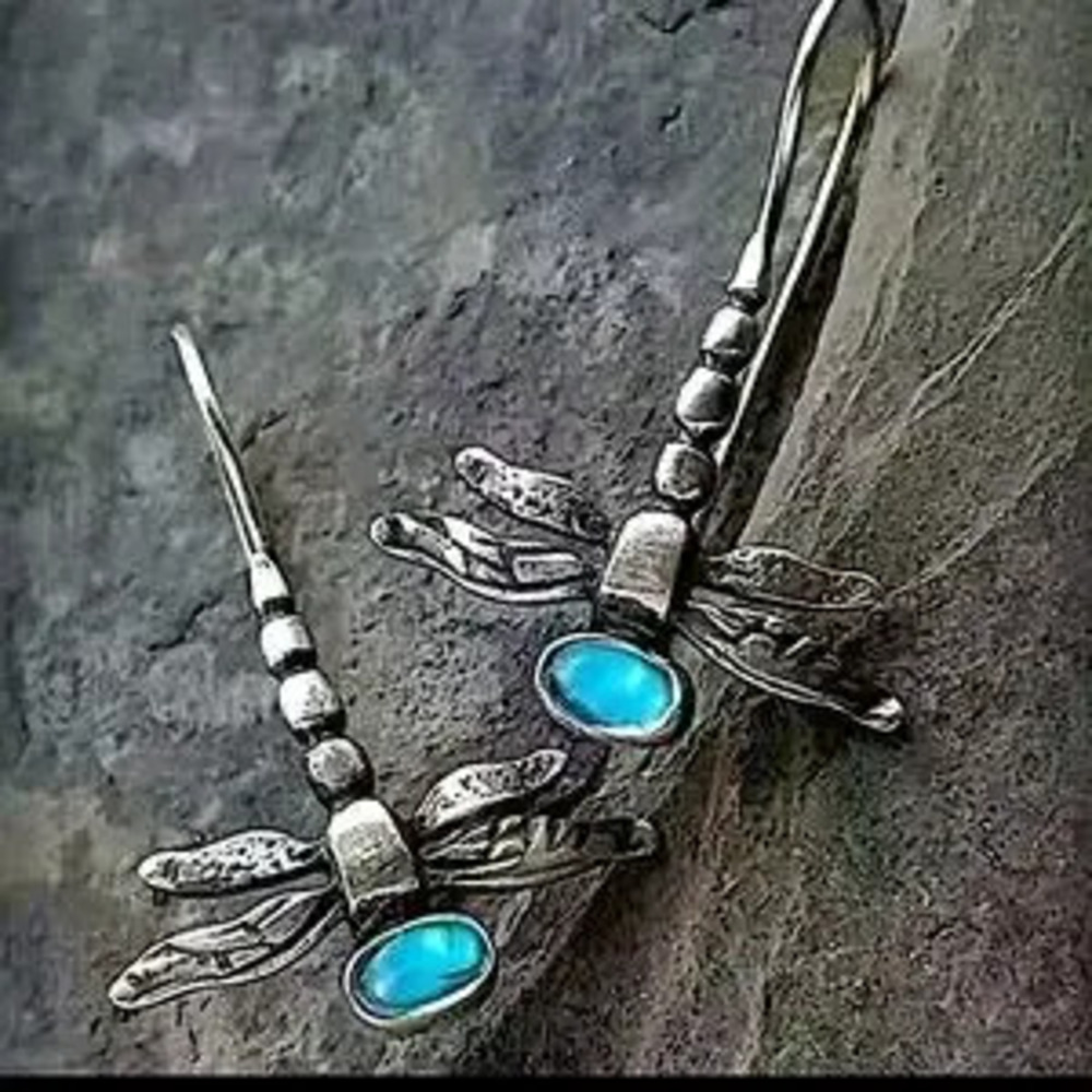 Silver Dragonfly Moonstone Hook Boho Vintage Earrings